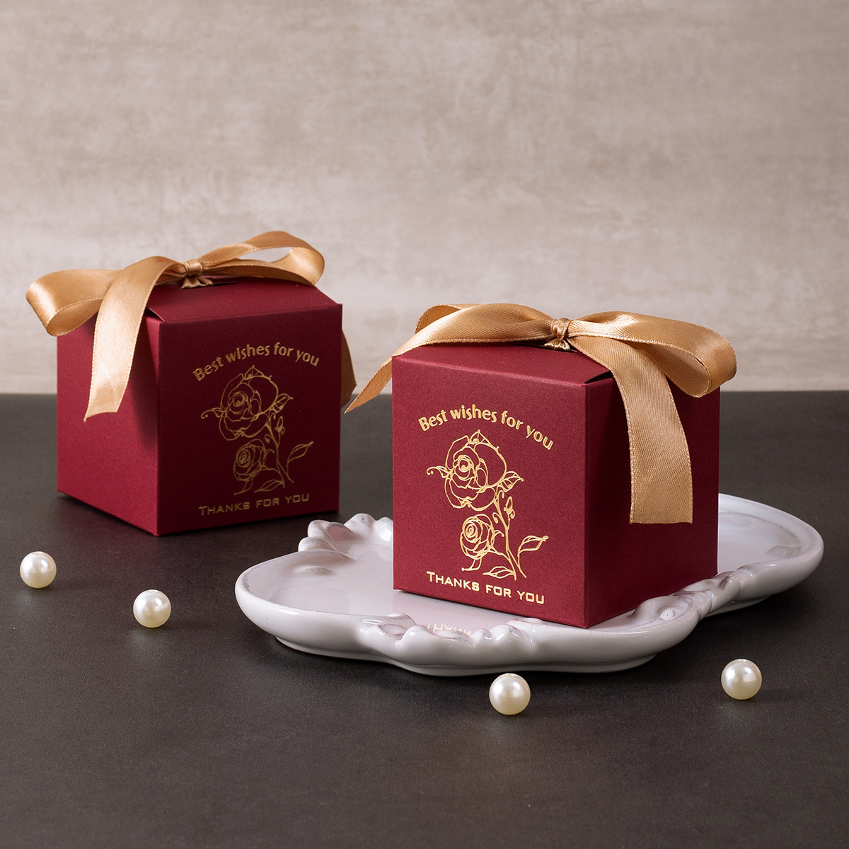 Wine Red Hot Gold Wedding Candy Box (Champagne Rib