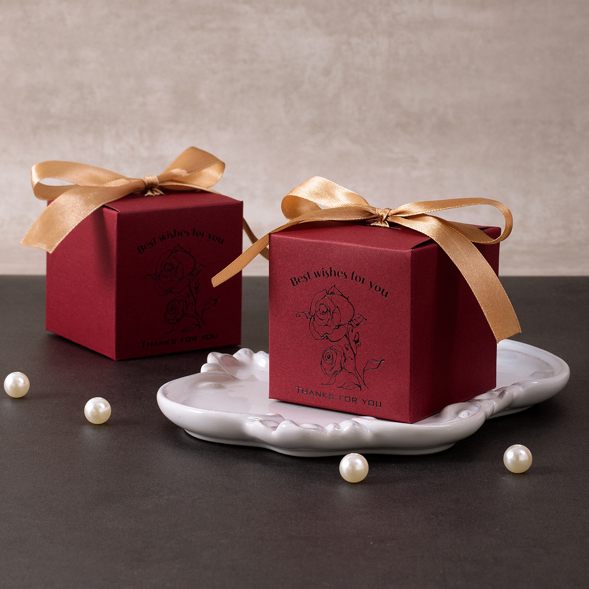 14:Wine Red Black Gold Wedding Candy Box (Champagne Ribbon)