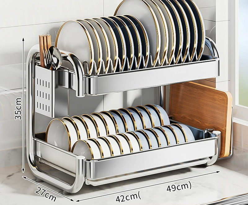 Stainless Steel*2 Tier C-Shaped Dish Rack Main Rack Cutting Board Rack Chopstick Cylinder