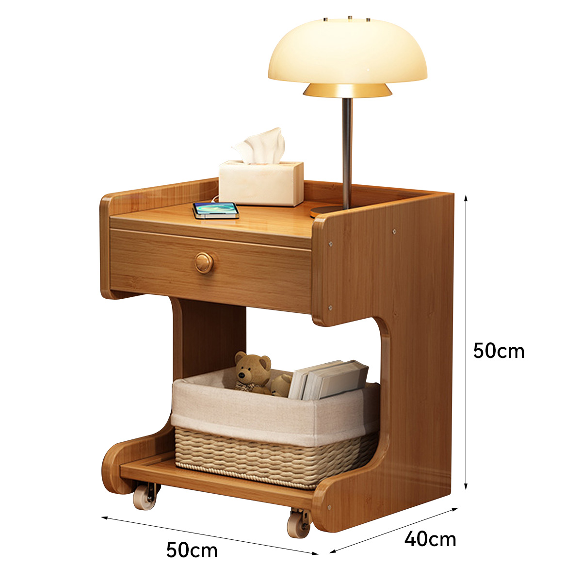 Mobile bedside table [with drawback]