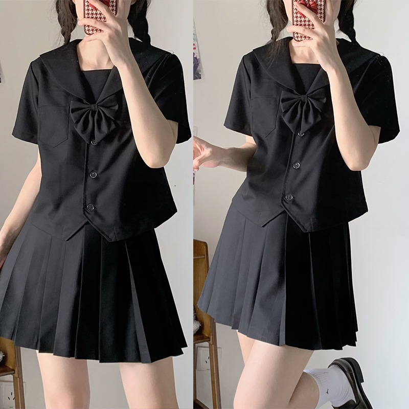 Kanto Button (Black short sleeve   black skirt   black bow tie)