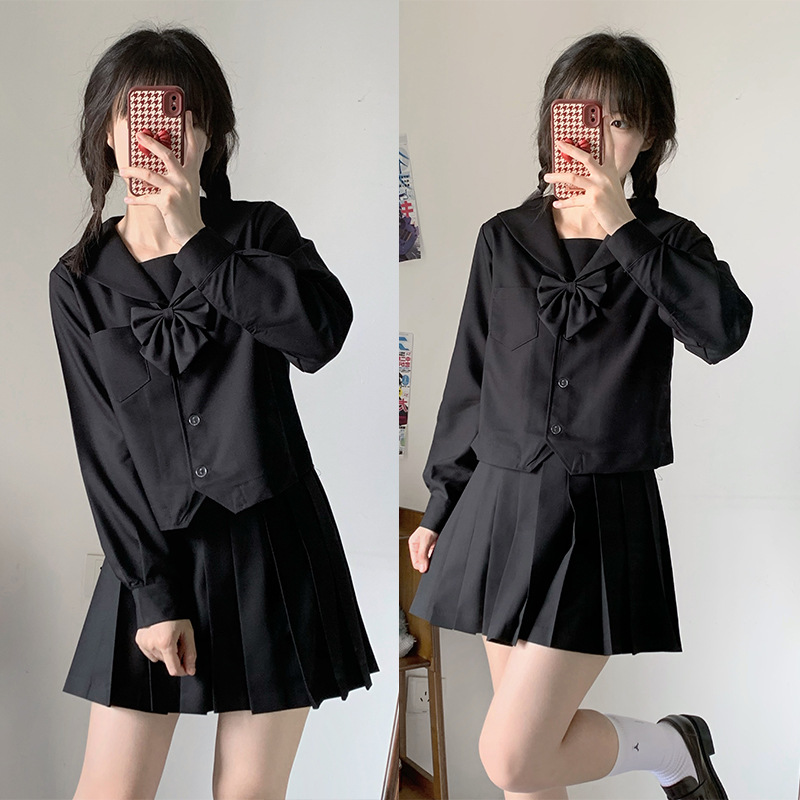 Kanto Button (Black long sleeve   Black skirt   black bow tie)