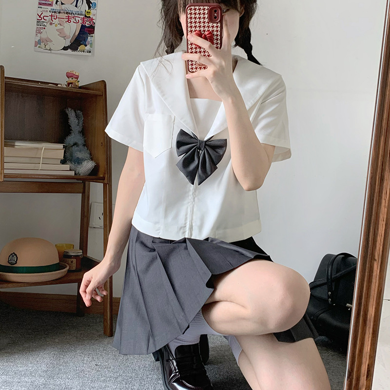 Kansai front (White short sleeve   dark grey skirt   dark grey bow tie)