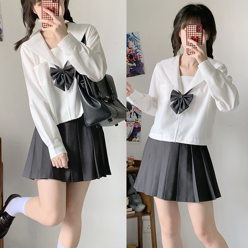 Kansai Front (White long sleeve   dark grey skirt   dark grey bow tie)