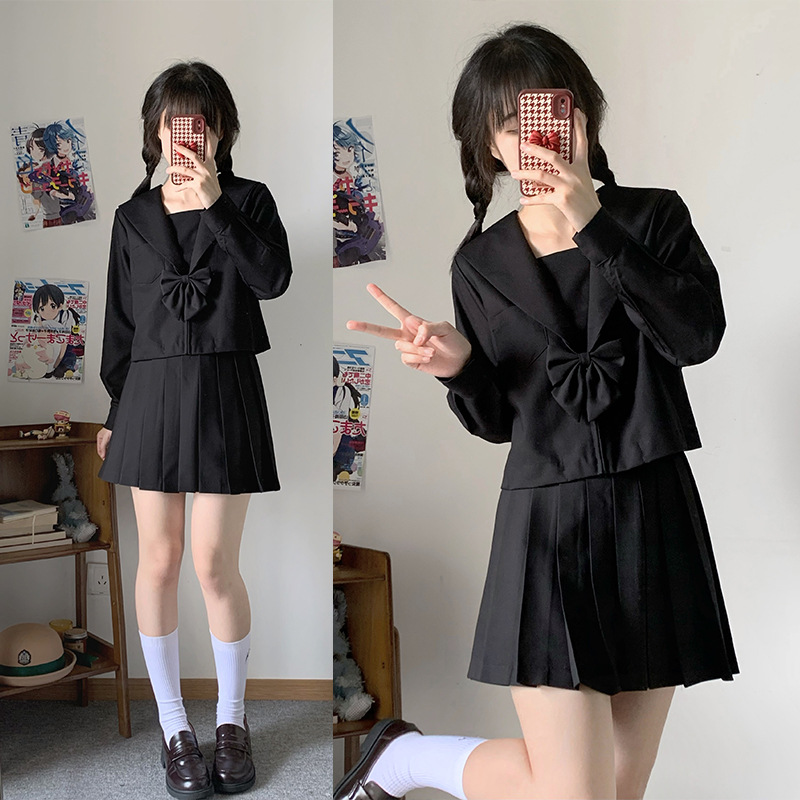 Nagoya skirt (Black long sleeve   black skirt   black bow tie)