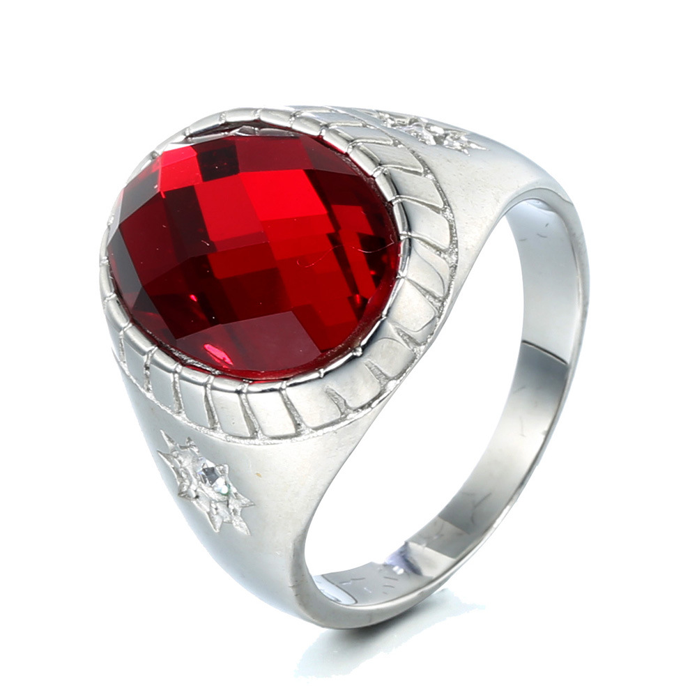 Red gemstone with steel background US Size #7