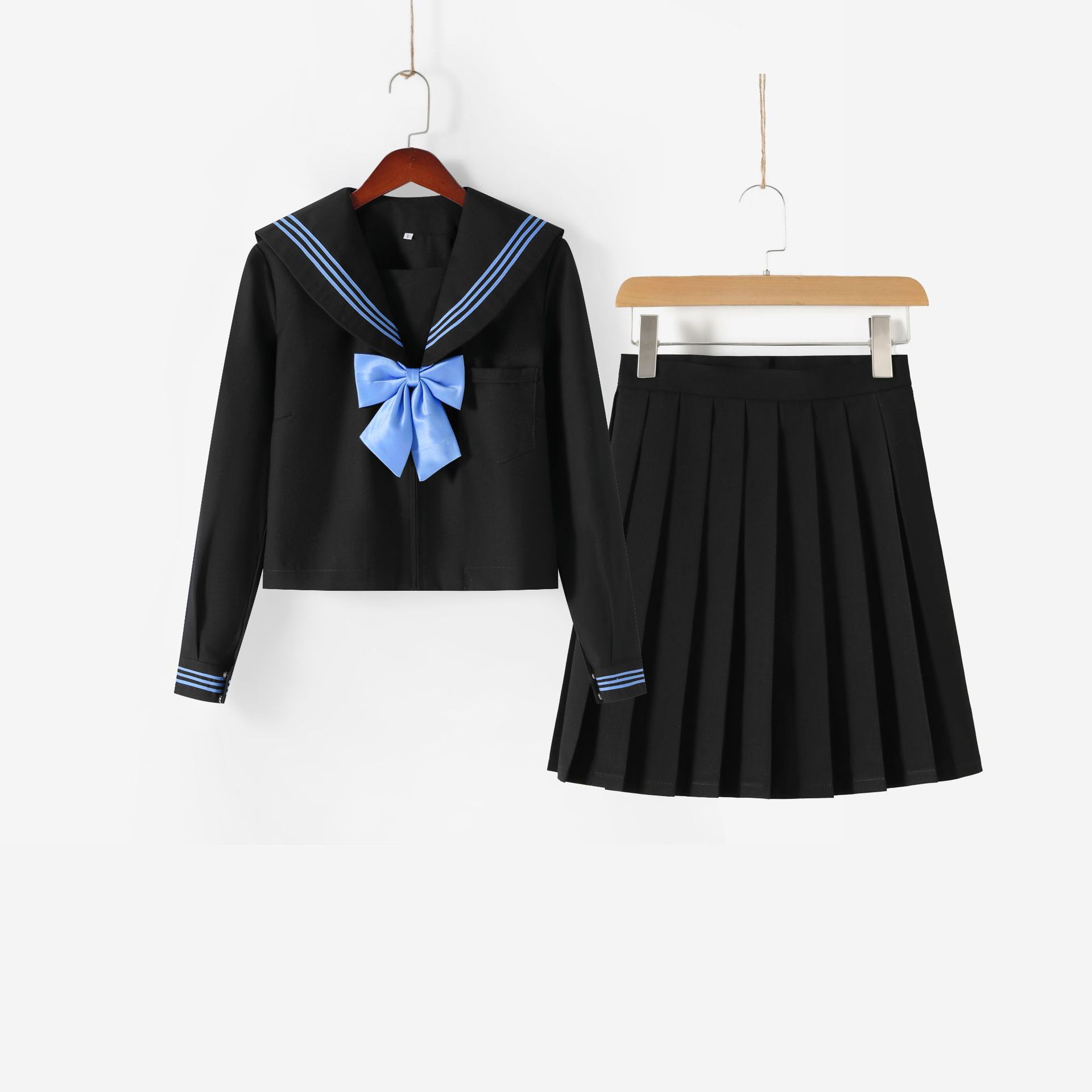 Long sleeve top + short skirt + blue bow tie