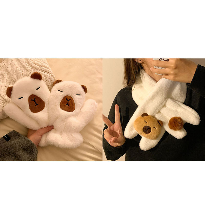 Bear white glove scarf two-piece set