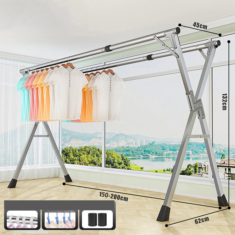 2.0 m Double Rod Drying Rack [Galvanized Pipe Galvanized Fittings Retractable] Sock Clip Hook