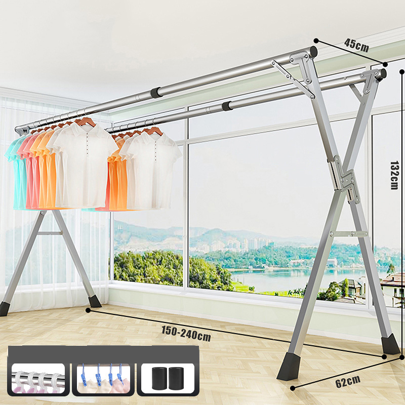 2.4 m Double Rod Drying Rack [Galvanized Pipe Galvanized Fittings Retractable] Sock Clip Hook