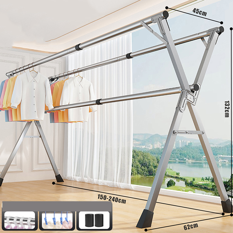 2.4 m 3-pole 22 square tube drying rack [stainless steel tube galvanized fittings retractable] sock clip hook