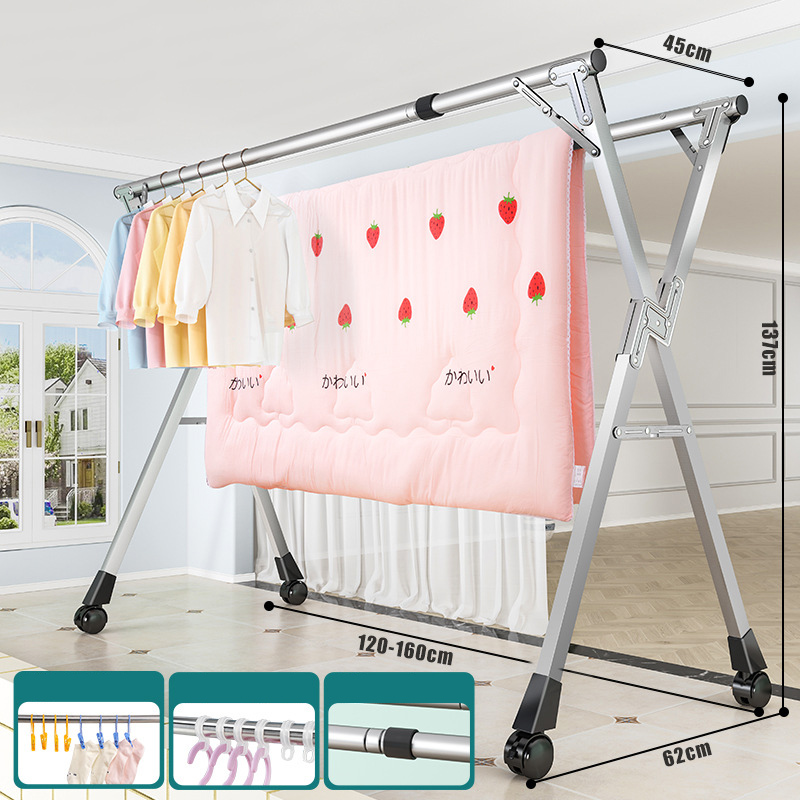 1.6 m double rod 22 square tube wheeled drying rack [stainless steel tube galvanized fittings retractable] sock clip hook