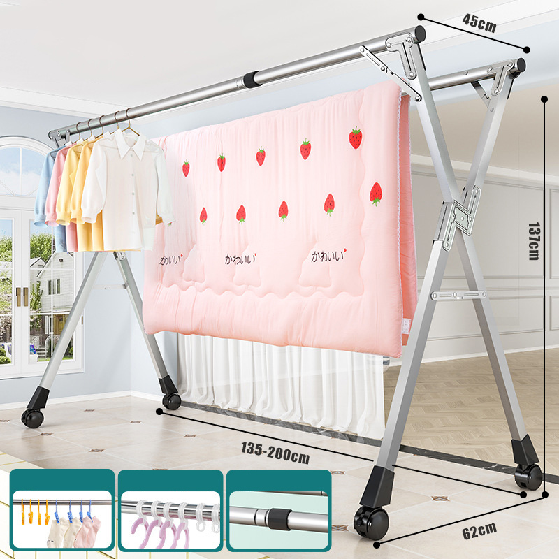 2.0 m double rod 22 square tube wheeled drying rack [stainless steel tube galvanized fittings retractable] sock clip hook