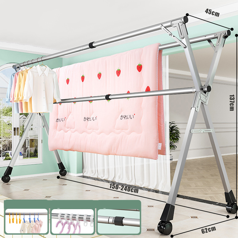 2.4 m 3-bar 22 square tube wheeled drying rack [stainless steel tube galvanized fittings retractable] sock clip hook