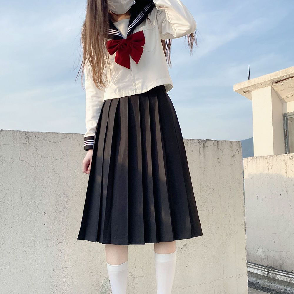 Black collar white three-book long sleeve skirt length 65cm bow tie