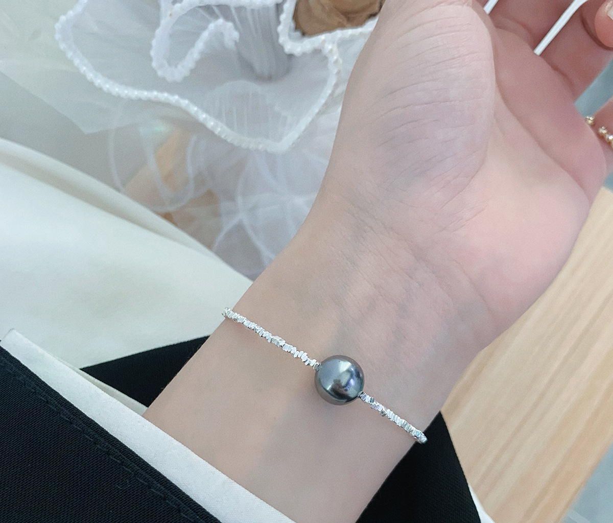 2:Grey Pearl Square Shattered Silver Bracelet