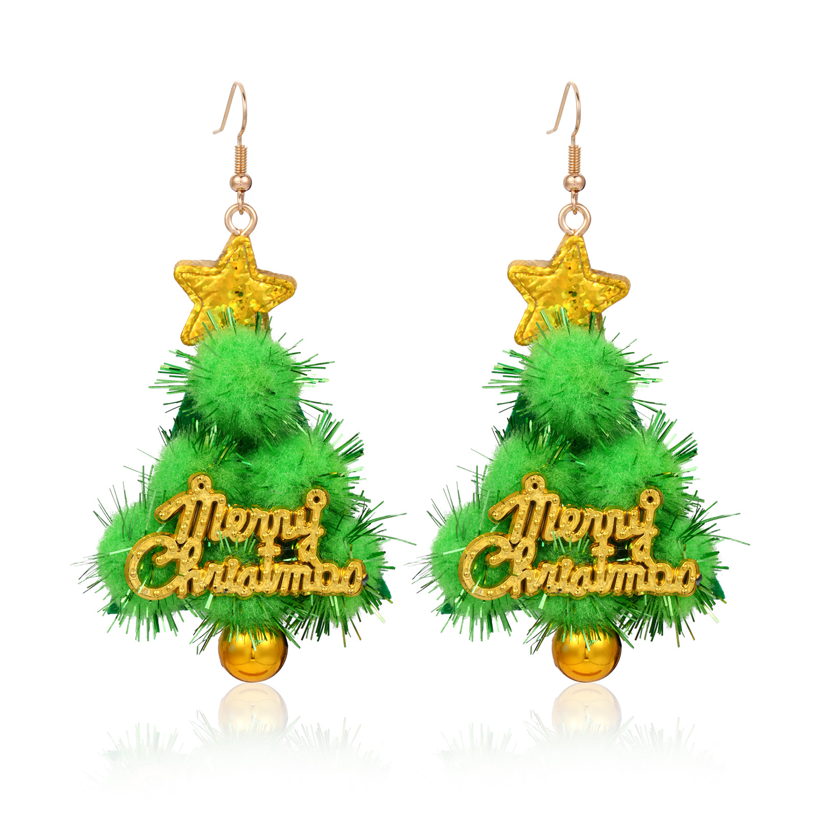 11:11. Green fur ball Christmas tree earrings