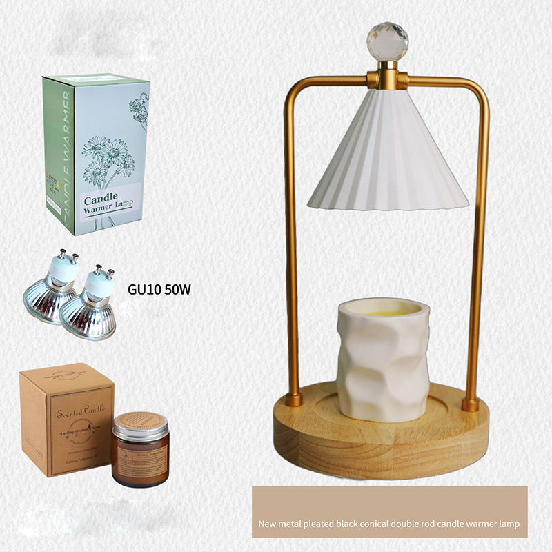 New metal pleated white tapered double pole wooden base wax melting lamp   gift box small candle