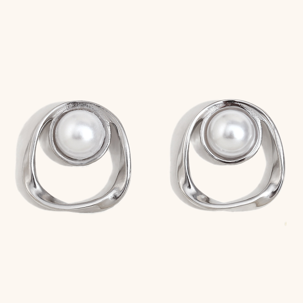 6:Irregular round hollow imitation pearl earrings-steel color