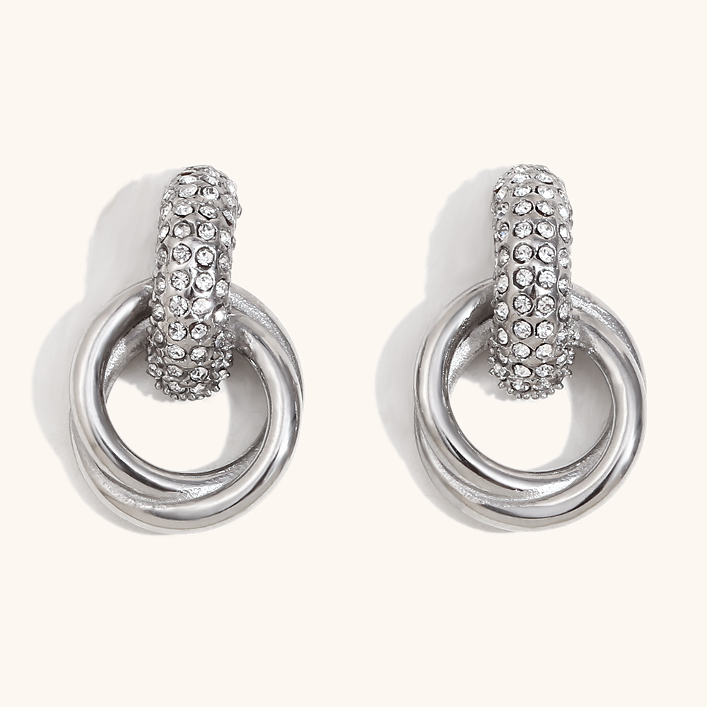 10:White zirconium ring stud earrings-steel color