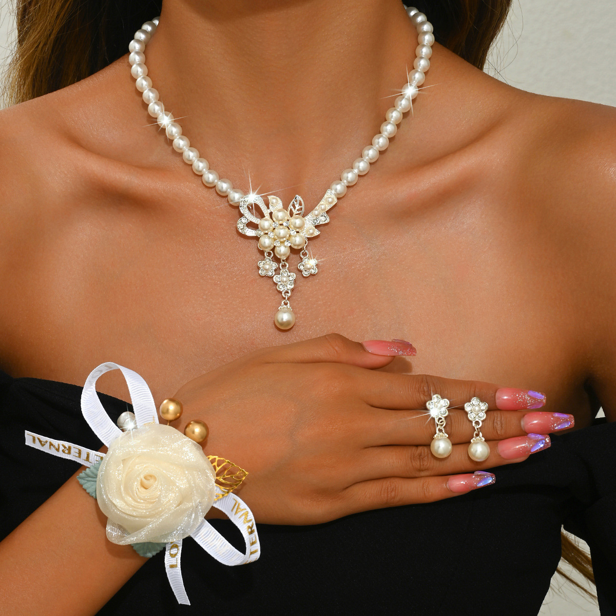 2:2 silver necklace earrings pearl flower bracelet