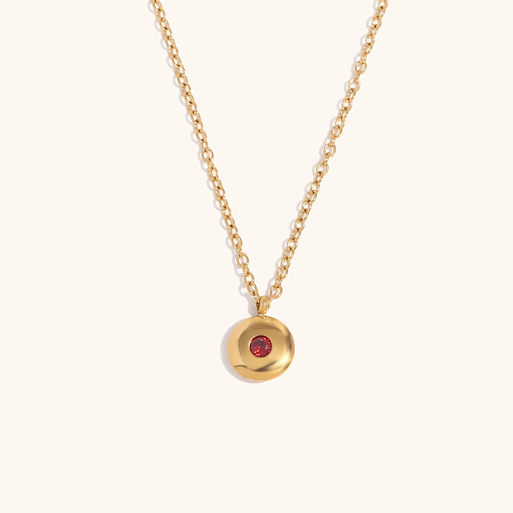 1:Simple December Birthstone Round Brand Pendant Necklace-Gold-January 13 Garnet Red