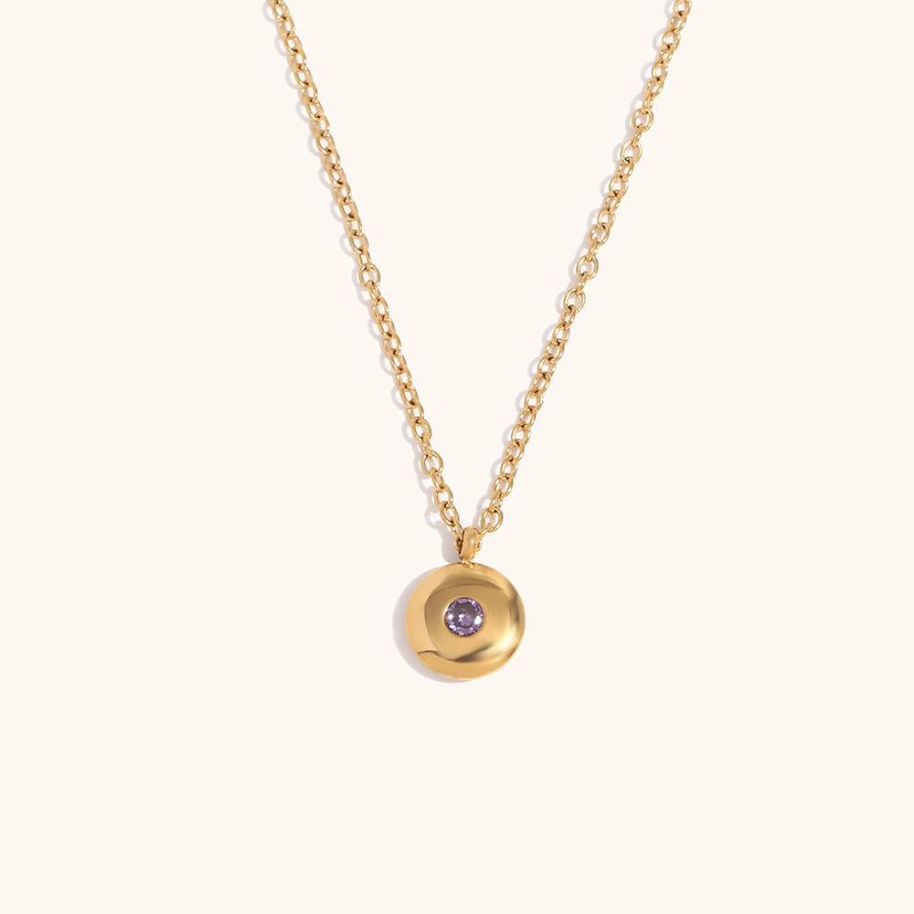 2:Simple December Birthstone Round Brand Pendant Necklace-Gold-February -9 Purple Red