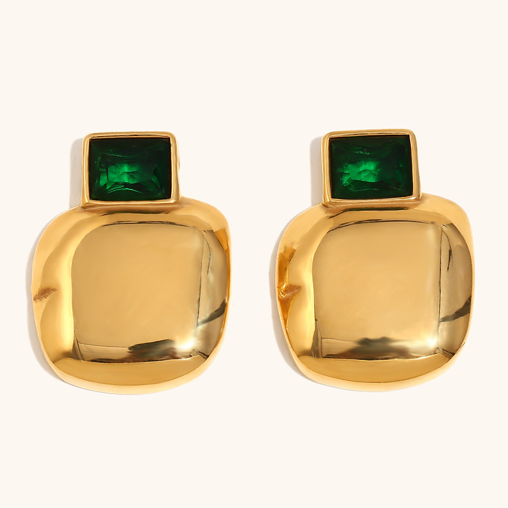 1:Green zirconium glossy square stud earrings-gold