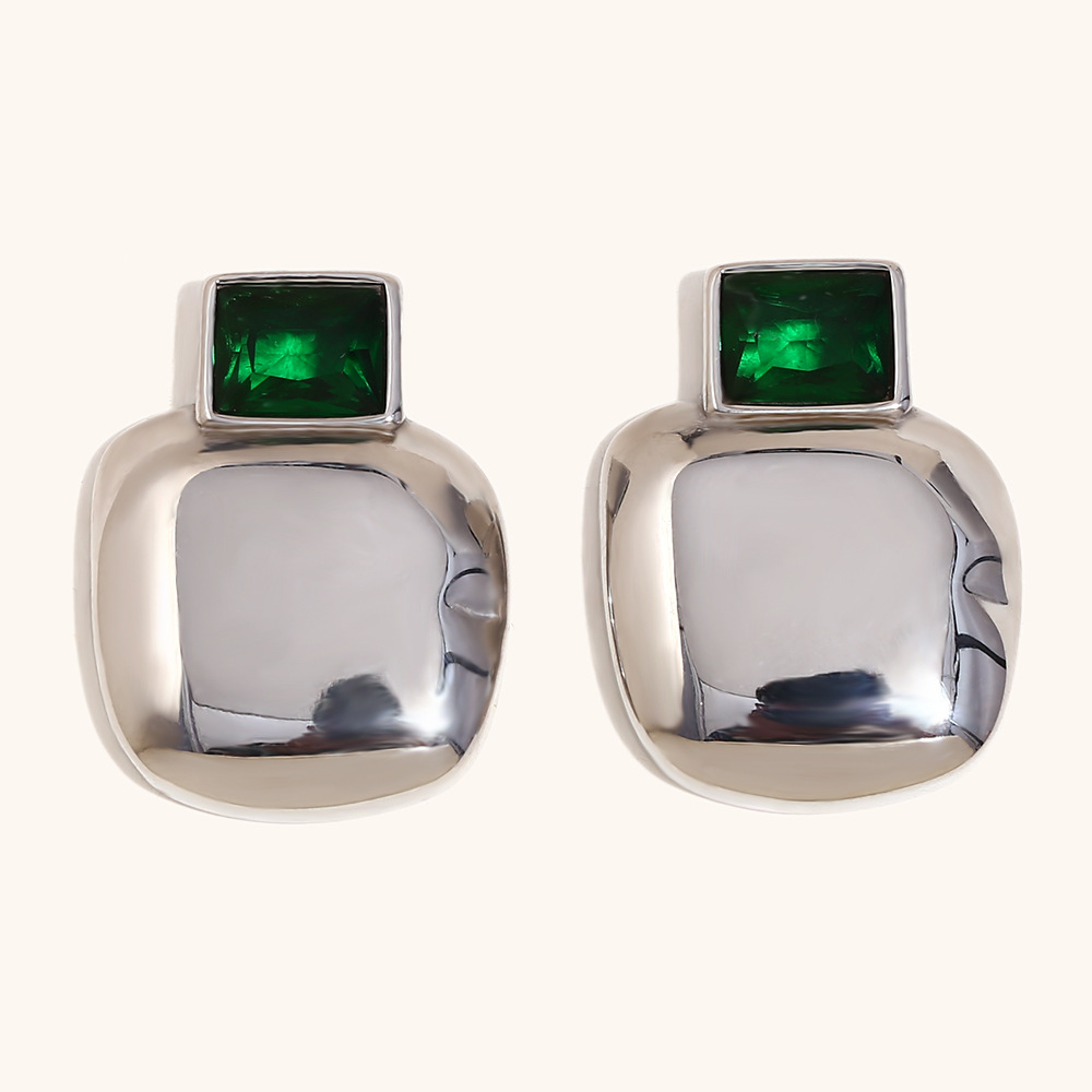 2:Green zirconium glossy square stud earrings-steel color