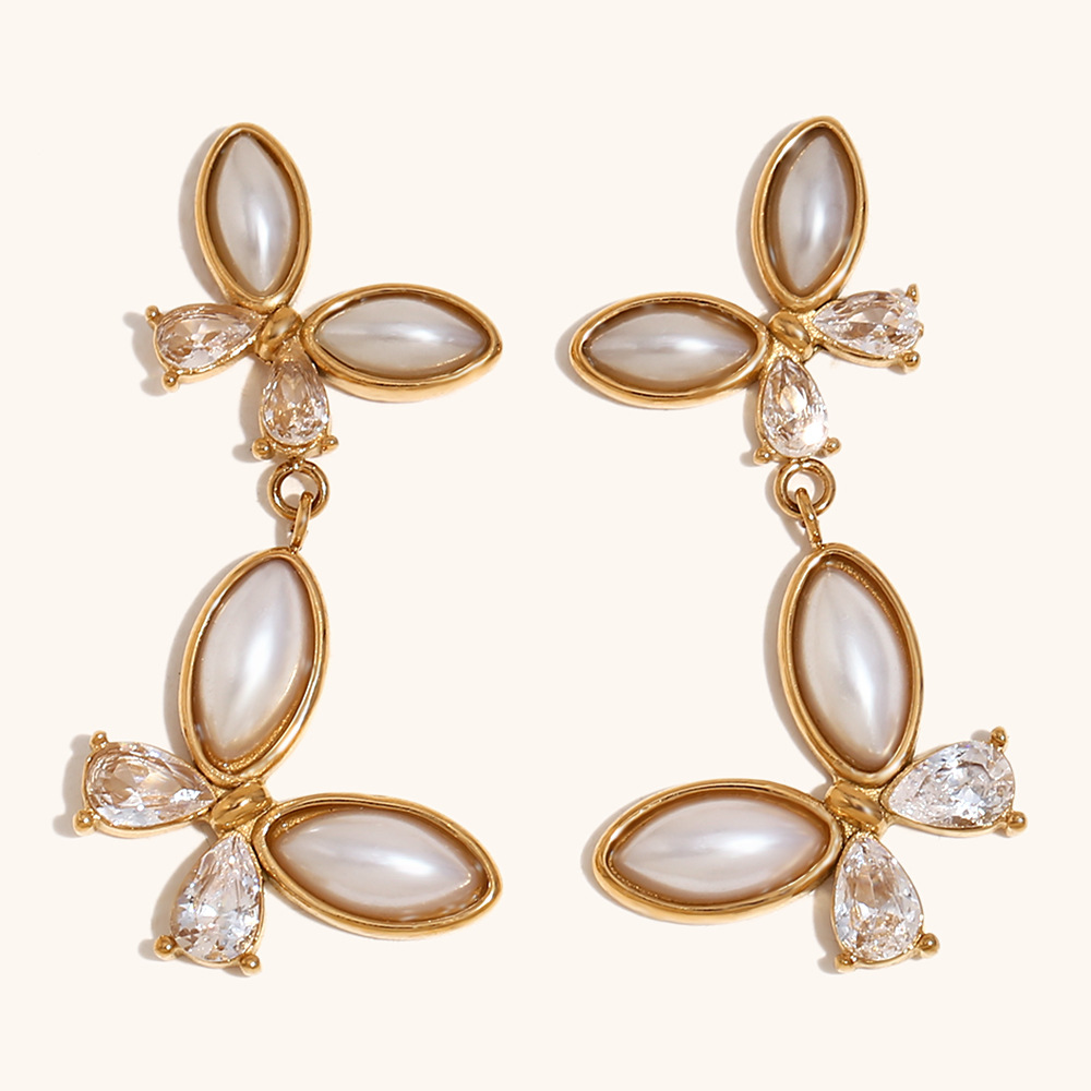 1:Pearl zircon spliced big and small butterfly stud earrings-gold