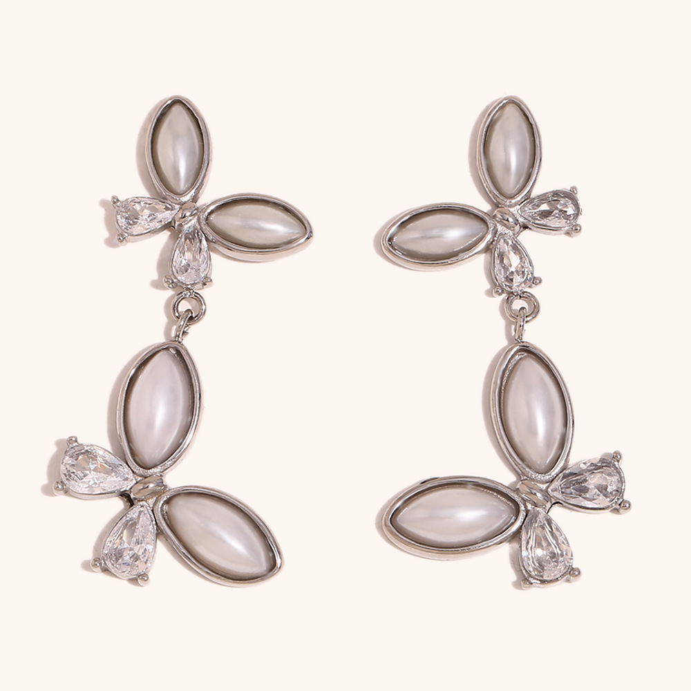 2:Pearl zircon spliced size butterfly stud earrings-steel color