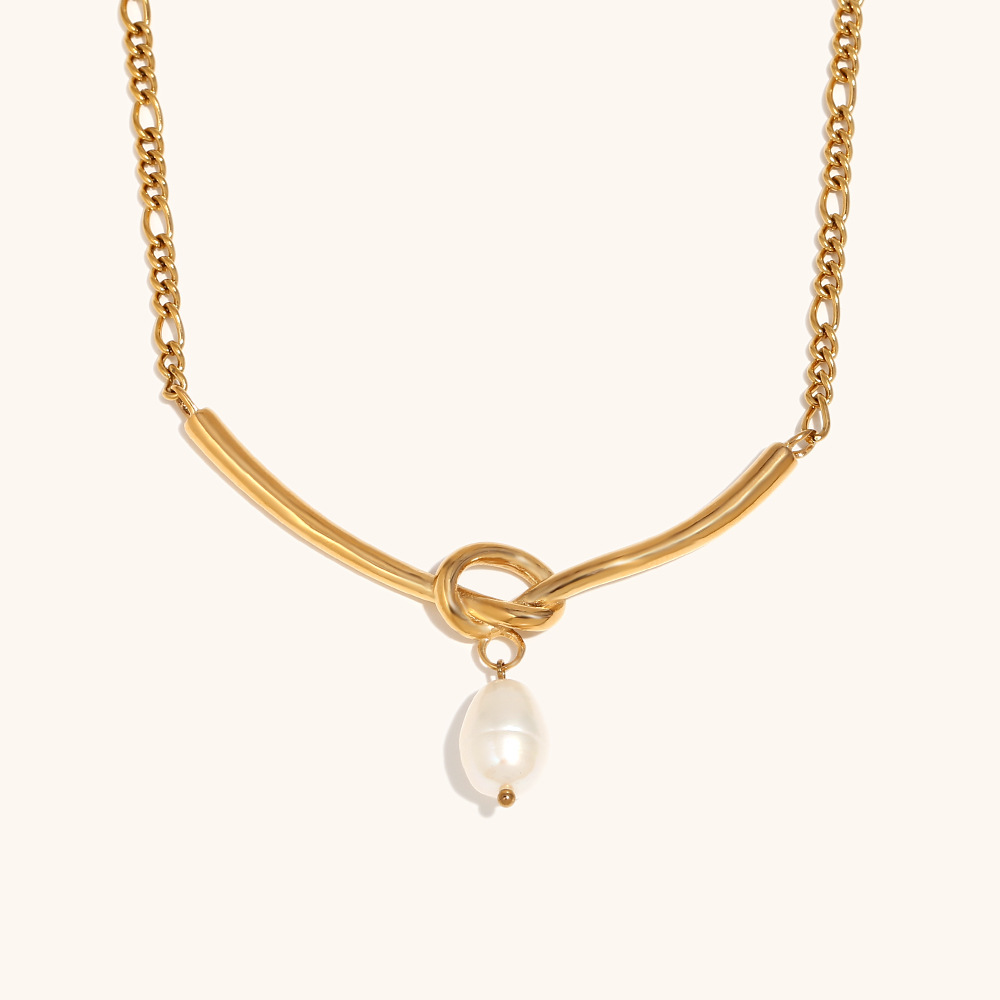 1:V-shaped knotted ferrero chain pearl pendant necklace-gold