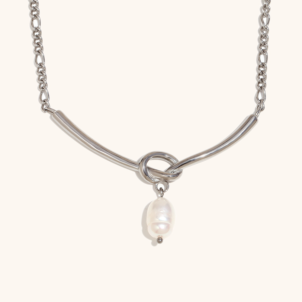 2:V-shaped knotted pharaoh chain pearl pendant necklace-steel color