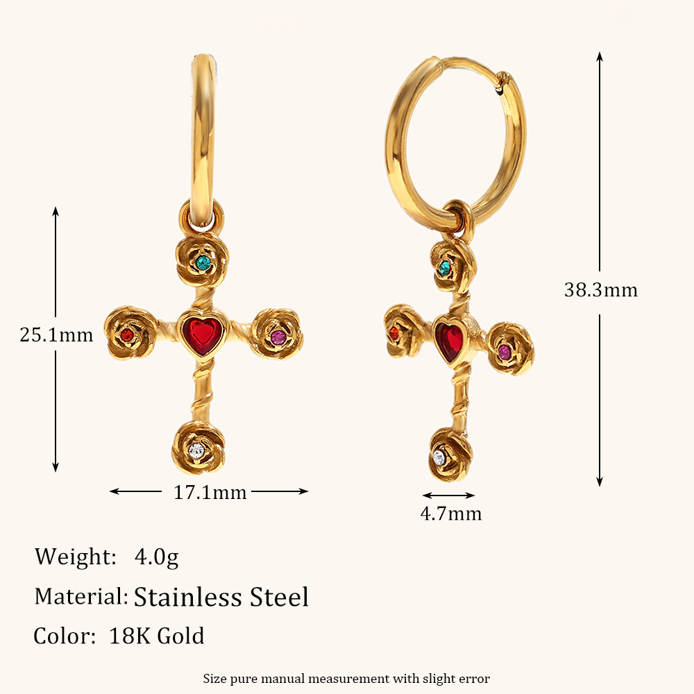 1:Rose cross pendant earrings-gold color