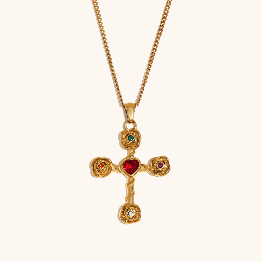 2:Rose cross pendant side chain necklace-gold color