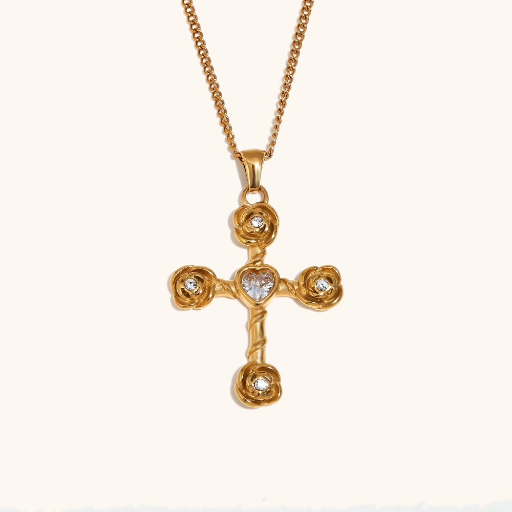 2:Rose cross pendant side chain necklace-gold and white