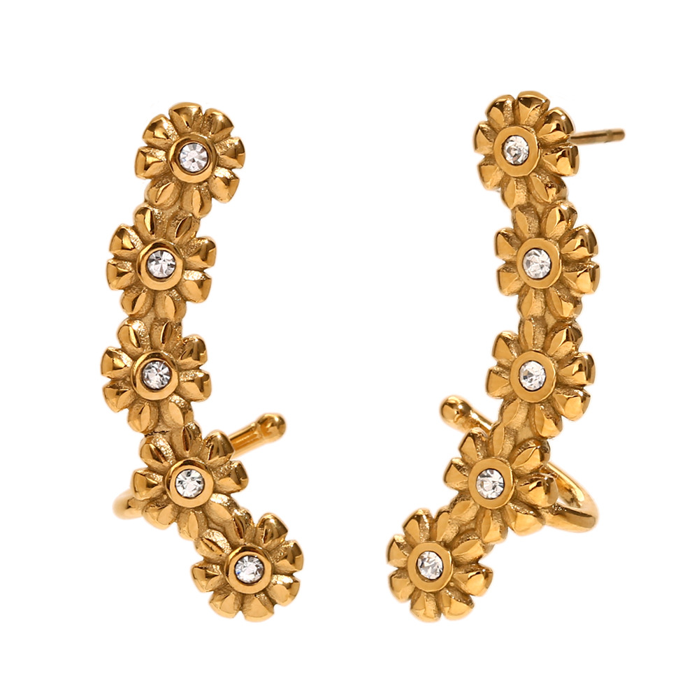 1:Small flower zircon ear cuff earrings-gold