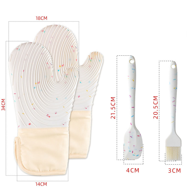 2 candy white beveled thread gloves and 1 scraper and 1 oil brush