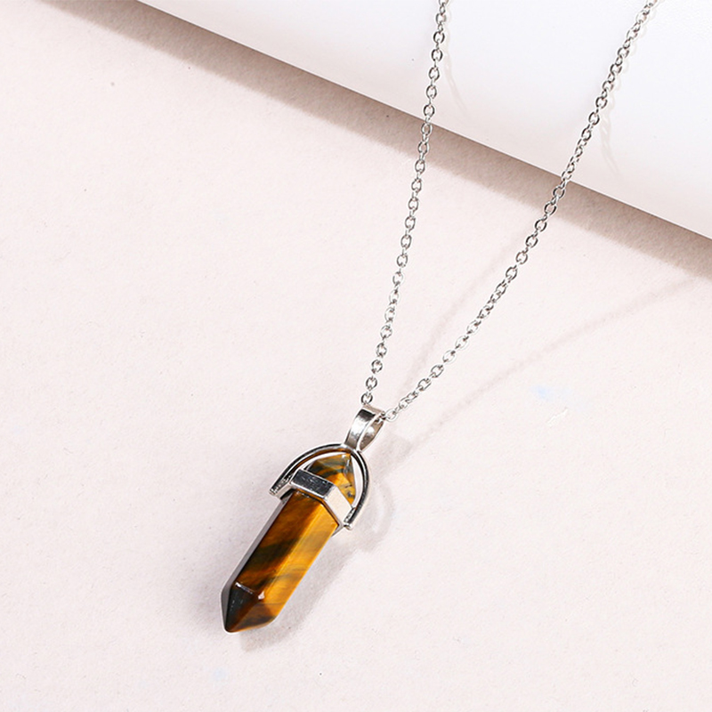 2:Natural yellow tiger eye stone hexagonal column necklace