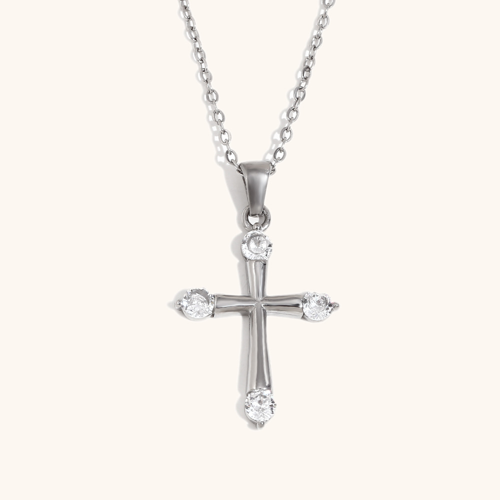 2:Simple cross necklace-steel color-white diamond