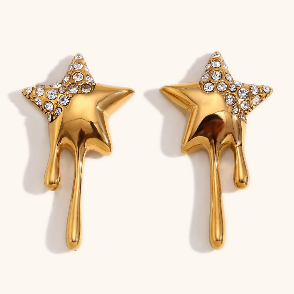 1:Diamond five-pointed star tassel stud earrings-gold-white diamond