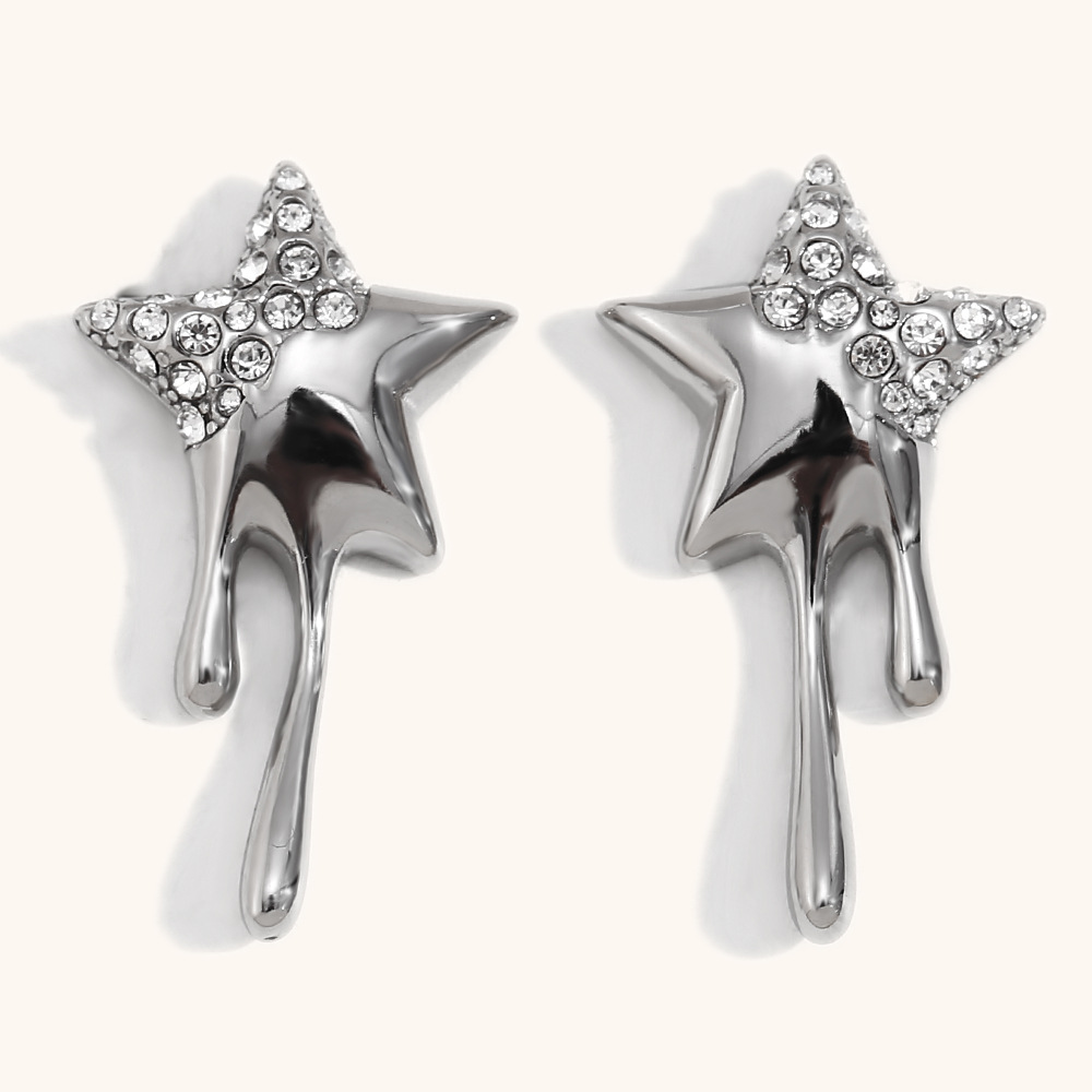 2:Point diamond pentagram tassel stud earrings-steel color-white diamond