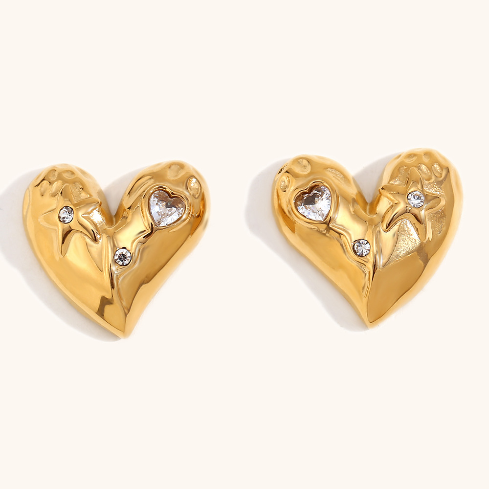 1:Geometric love stud earrings-gold-white diamond