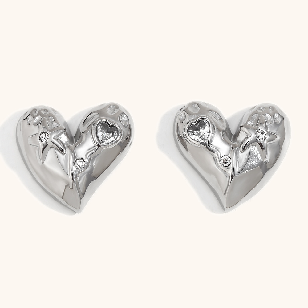 2:Geometric love stud earrings-steel color-white diamond