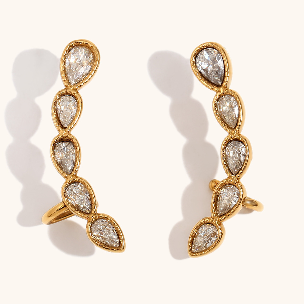 1:Water drop white diamond ear cuff earrings-gold