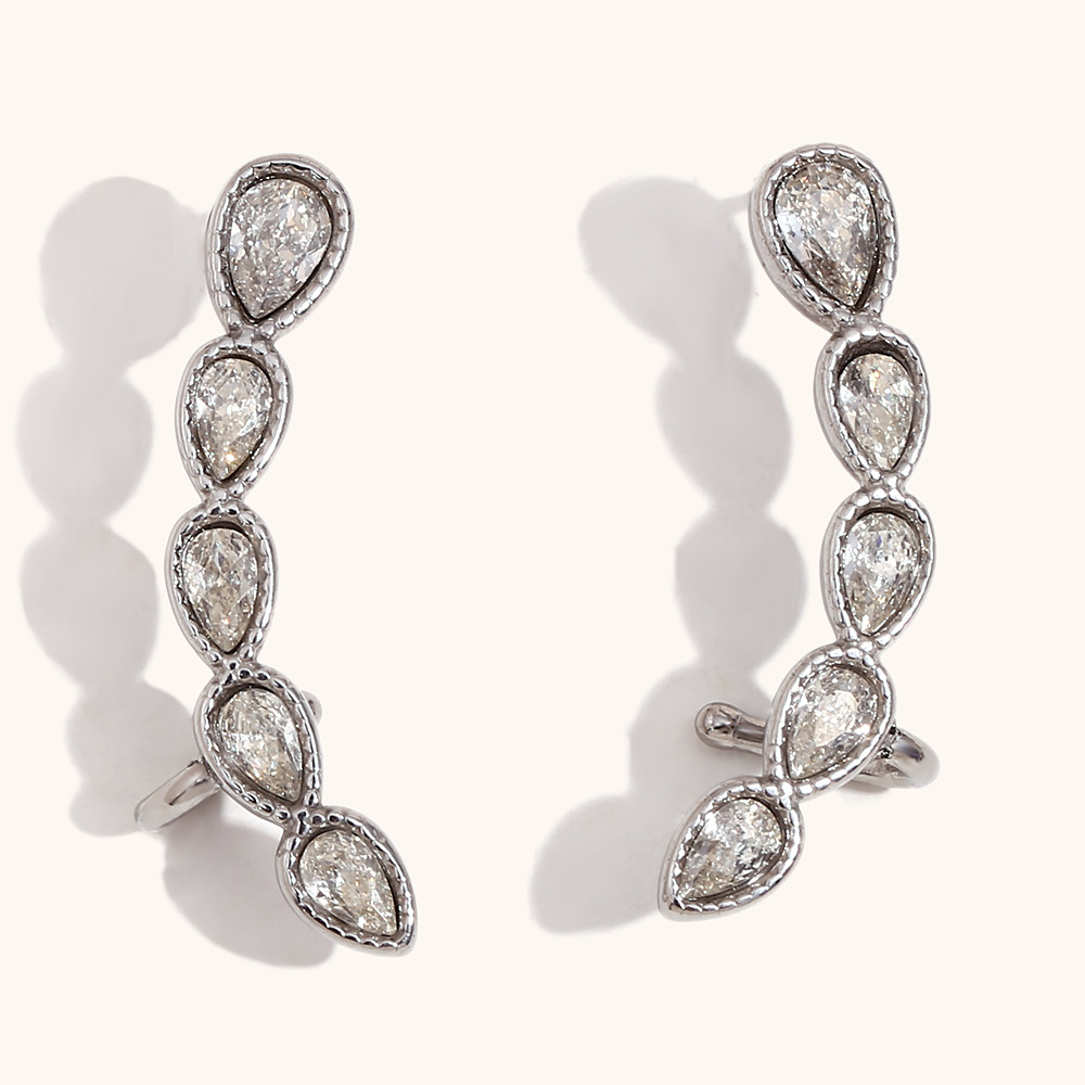 2:Water drop white diamond ear cuff earrings-steel color