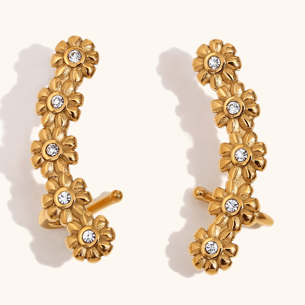 1:Small flower zircon ear cuff earrings-gold