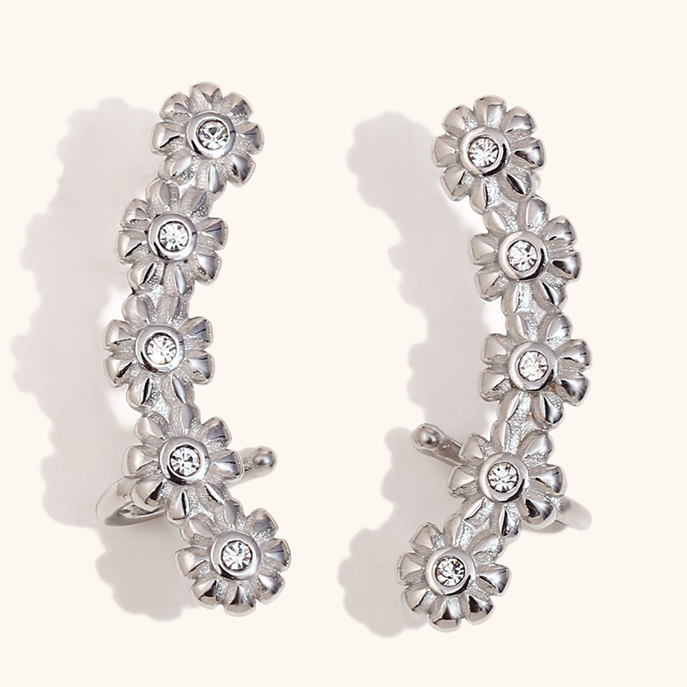 2:Small flower zircon ear cuff earrings-steel color