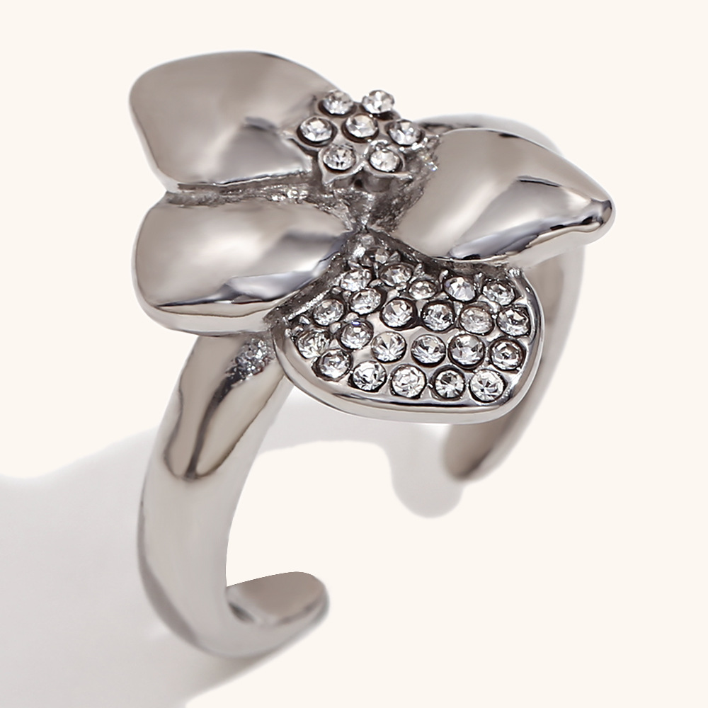 2:Asymmetrical flower point diamond opening ring-steel color