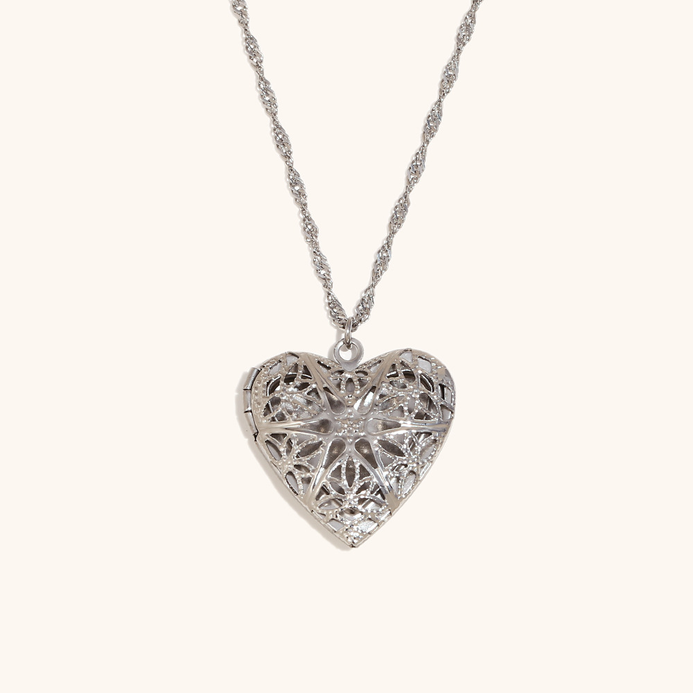 8:Hollow love photo box pendant necklace-steel color